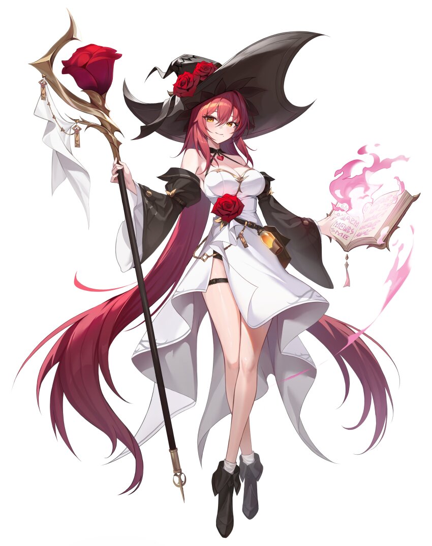 1girl absurdres bare_legs bare_shoulders black_boots black_hat black_sleeves book boots breasts cleavage closed_mouth crossed_legs detached_sleeves dress full_body grimoire halterneck hashtag-only_commentary hat highres holding holding_staff long_hair long_sleeves looking_at_viewer medium_breasts mole mole_under_mouth orange_eyes original red_hair side_slit simple_background sleeveless sleeveless_dress smile solo staff standing thigh_strap thighs very_long_hair watson_cross white_background white_dress wide_sleeves witch witch_hat yireh