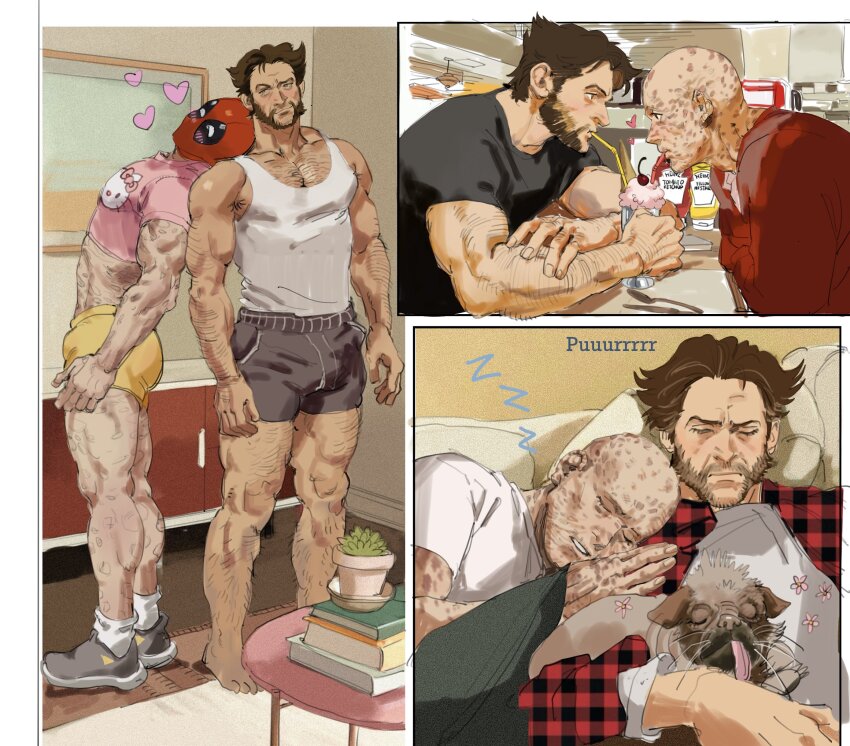 2boys absurdres arm_hair armpit_hair bald barefoot beard black_shirt blush book brown_hair cherry chest_hair closed_eyes closed_mouth couple crop_top dating deadpool deadpool_&amp;_wolverine deadpool_(series) dog dogpool drink drinking drinking_straw drinking_straw_in_mouth dudles facial_hair food fruit full_body hairy hashtag-only_commentary head_on_another&#039;s_shoulder heart hello_kitty highres indoors leg_hair long_sleeves looking_at_another lying lying_on_person male_focus marvel marvel_cinematic_universe mature_male milkshake multiple_boys muscular muscular_male open_clothes pectorals pillow plaid_clothes plaid_shirt purring red_mask sanrio scar scars_all_over shared_drink shirt shoes short_hair short_sleeves shorts sleeping socks table tank_top too_many white_shirt white_socks white_tank_top wolverine_(x-men) x-men yaoi zzz
