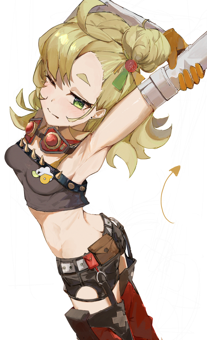1girl ahoge armpits ass blonde_hair blush breasts butt_crack crop_top detached_pants gloves goggles goggles_around_neck green_eyes hair_bun loli long_hair looking_at_viewer midriff one_eye_closed orange_gloves piper_wheel short_shorts shorts small_breasts stretching tagme virgo76612871 wink zenless_zone_zero