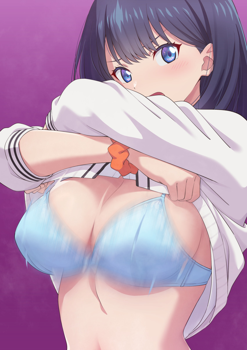 1girl absurdres arms_up black_hair blue_bra blue_eyes bra breasts cleavage clothes_lift crossed_arms gridman_universe highres lifting_own_clothes looking_at_viewer medium_breasts mibushiro motion_blur open_mouth purple_background scrunchie shirt_lift ssss.gridman takarada_rikka underwear upper_body v-shaped_eyebrows wrist_scrunchie