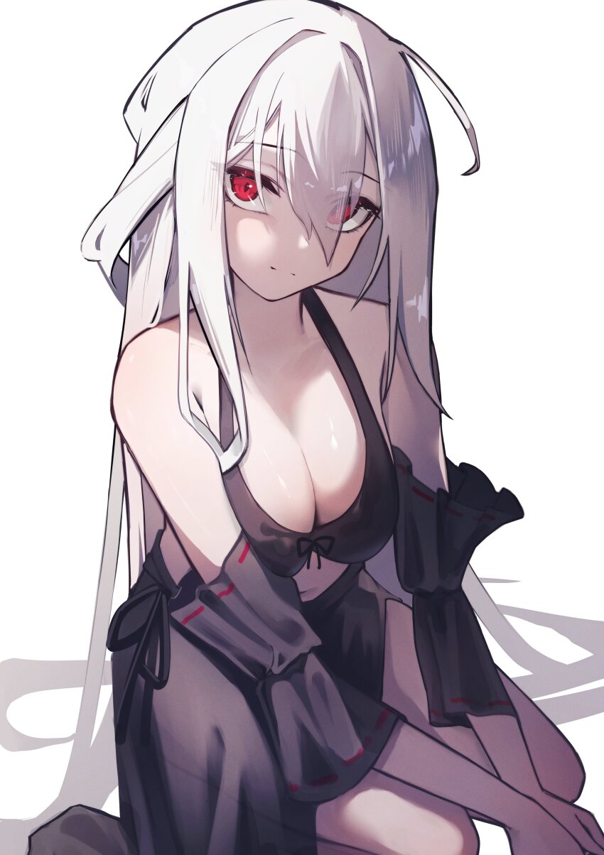 1girl absurdres arknights bikini black_bikini black_sarong black_sleeves breasts cleavage closed_mouth commentary detached_sleeves eyes_visible_through_hair full_body hair_between_eyes hair_over_one_eye highres kneeling large_breasts light_smile long_bangs long_hair looking_at_viewer own_hands_together red_eyes ribbon-trimmed_sleeves ribbon_trim sarong simple_background skadi_(arknights) solo split_mouth swimsuit very_long_hair white_background white_hair worimehl