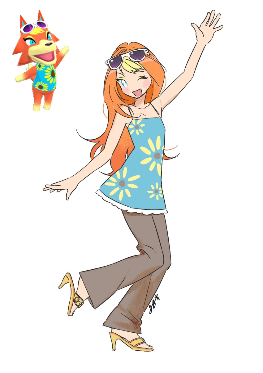 1girl absurdres animal_crossing arm_up audie_(animal_crossing) blonde_hair blue_eyes blush_stickers dress eyewear_on_head floral_print_dress full_body gaengxgaeng high_heels highres long_hair multicolored_hair nintendo open_mouth orange_hair pants personification reference_inset sleeveless sleeveless_dress smile solo spaghetti_strap sunglasses very_long_hair