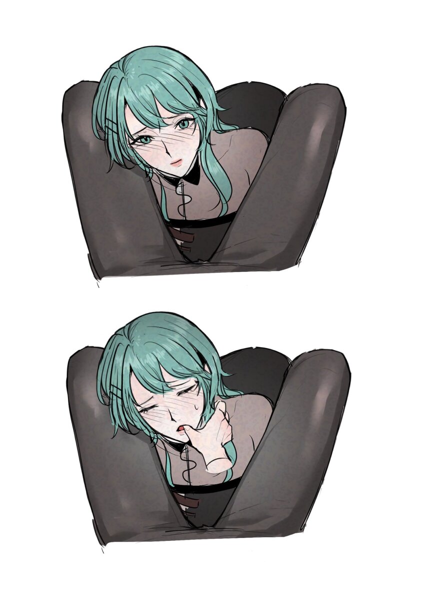 2girls aqua_eyes aqua_hair black_dress black_pantyhose blush chief_(path_to_nowhere) closed_mouth commentary_request dress female_chief_(path_to_nowhere) female_pov finger_in_another&#039;s_mouth highres korean_commentary looking_at_viewer multiple_girls nightingale_(path_to_nowhere) nyongg pantyhose path_to_nowhere pov yuri