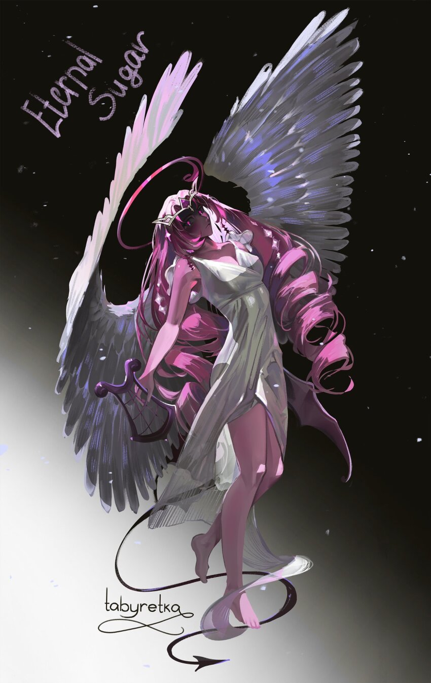 1girl angel angel_wings colored_skin commentary cookie_run cookie_run:_kingdom demon_girl demon_wings english_commentary eternal_sugar_cookie highres long_hair pink_hair pink_skin solo tabyretka16 wings