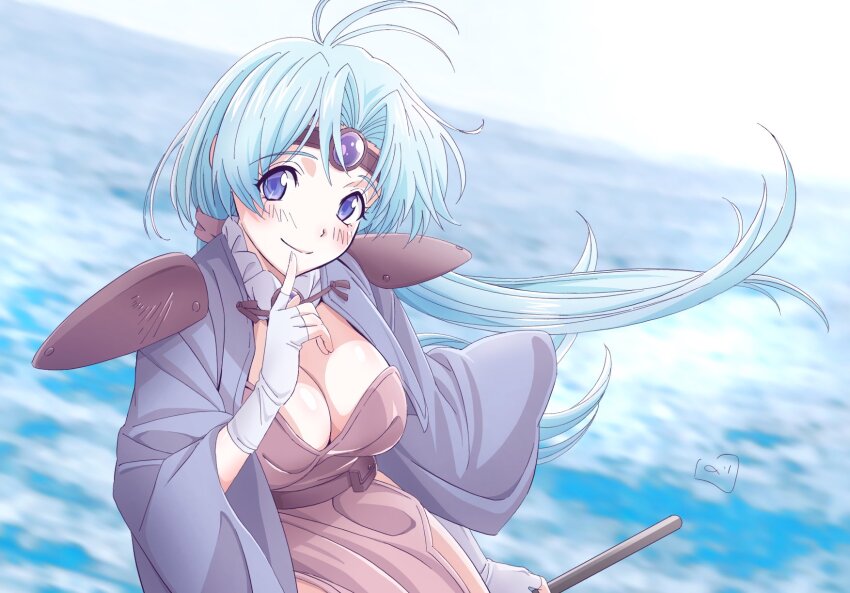 1girl ahoge armor blue_hair blush breasts circlet cleavage closed_mouth fingerless_gloves flying gloves haou_taikei_ryuu_knight highres large_breasts long_hair looking_at_viewer low_twintails nori_(norimakigumo) paffy_pafuricia purple_eyes shoulder_armor smile solo twintails very_long_hair