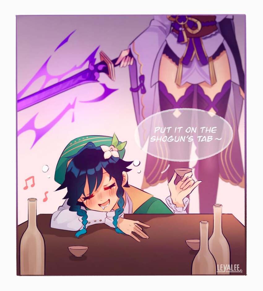 1boy 1girl artist_name black_panties black_thighhighs blurry blurry_background blush bottle braid bridal_gauntlets capelet closed_eyes couple cup depth_of_field drooling drunk flower friends frilled_sleeves frills genshin_impact glowing glowing_sword glowing_weapon gradient_hair green_eyes green_hat hair_between_eyes hair_flower hair_ornament hat head_rest holding holding_cup holding_sword holding_weapon japanese_clothes katana kimono leaning_forward leyalee2 long_sleeves lower_body lower_teeth_only mitsudomoe_(shape) mouth_drool multicolored_hair musou_isshin_(genshin_impact) open_mouth panties pink_background purple_kimono raiden_shogun red_sash sash short_hair side_braids sitting standing sword teeth thick_thighs thighhighs thighs tomoe_(symbol) underwear upper_body venti_(genshin_impact) weapon