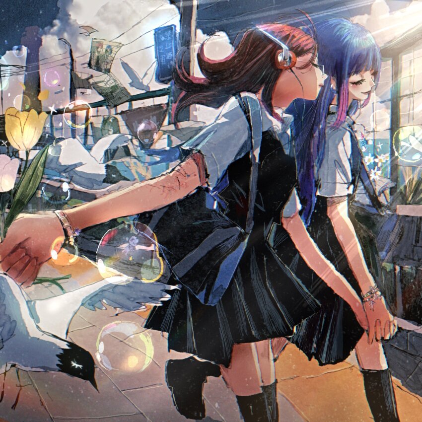 2girls bag bird black_bag black_boots blue_hair blunt_bangs boots bracelet brown_hair bubble charm_(object) closed_eyes flower foreshortening from_side headphones highres holding_hands jewelry jojidoboro light_rays long_hair multiple_girls original school_uniform short_sleeves shoulder_bag smile white_bird yellow_flower
