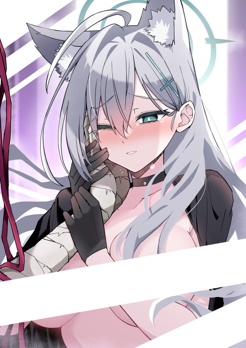 1boy 1girl absurdres animal_ear_fluff animal_ears bandages black_choker black_gloves blue_archive choker cross cross_hair_ornament dark_halo extra_ears gloves grey_hair hair_ornament halo highres himiya_jouzu inverted_cross mismatched_pupils phrenapates_(blue_archive) shiroko_(blue_archive) shiroko_terror_(blue_archive) wolf_ears wolf_girl