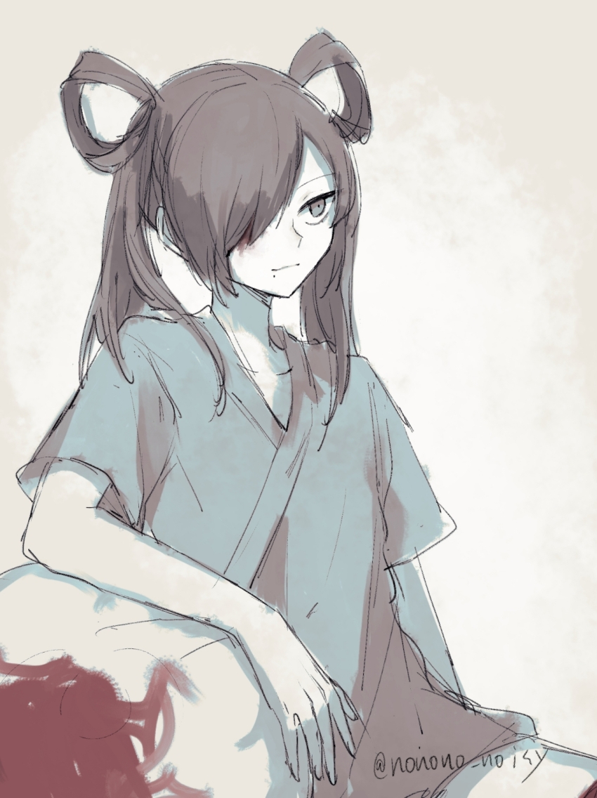 blood blood_on_face colored_skin gobanme grey_eyes grey_hair highres long_hair mama_ni_aitai mole mole_under_mouth nonono_no one_eye_covered smile trap twintails white_skin