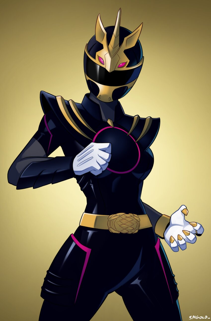1girl absurdres armor black_armor black_bodysuit bodysuit breasts brown_background cowboy_shot gozyu_unicorn gradient_background highres horns medium_breasts no.1_sentai_gozyuger simple_background single_horn smgold solo super_sentai tokusatsu