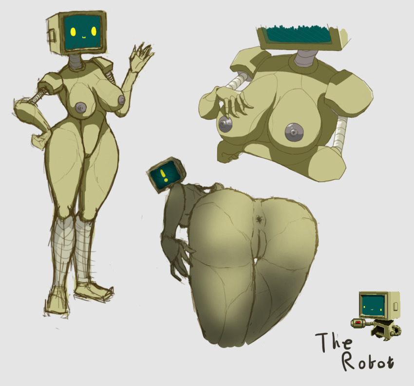 1girl anus cleft_of_venus crt curvy elegantundertaking enter_the_gungeon female_focus for_a_head full_body highres looking_back machine monitor nude object_head pussy robot robot_girl simple_background smile solo surprised the_robot_(enter_the_gungeon) thigh_gap waving white_background
