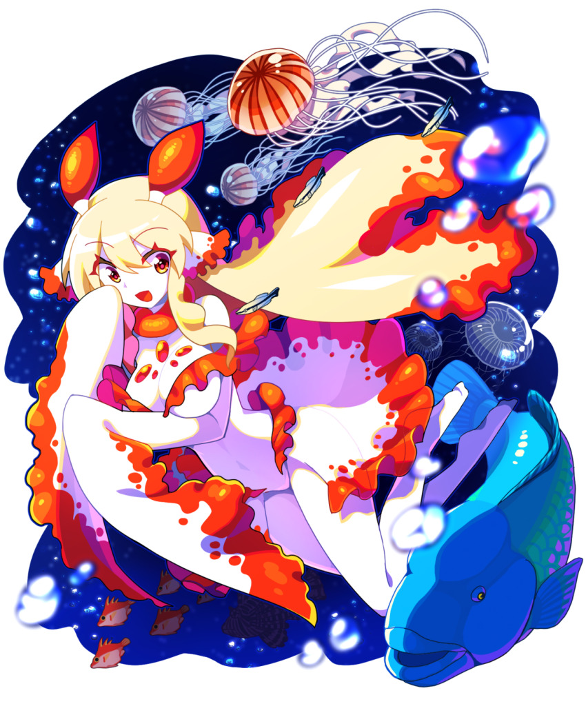 1girl :d air_bubble antennae blonde_hair border breasts bubble chest_jewel colored_skin commentary_request convenient_censoring covered_erect_nipples covered_navel grouper_(fish) highres jellyfish looking_at_viewer medium_breasts monster_girl multicolored_hair open_mouth original personification red_eyes red_skin school_of_fish sea_slug smile solo tanpopo_hayabusa-maru two-tone_hair underwater white_border white_skin
