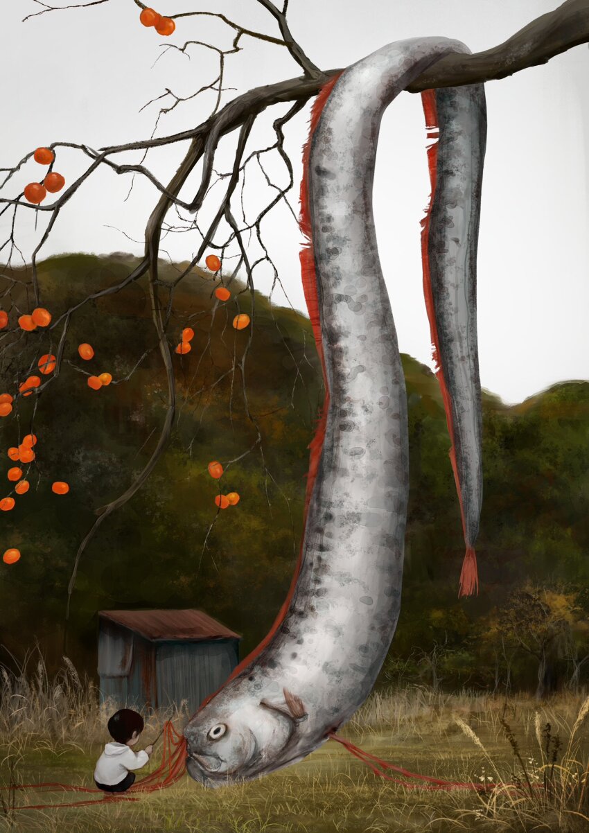 1boy black_hair black_shorts branch child fins fish food fruit gills grass highres hood hood_down hoodie illustrator_kota oarfish original outdoors persimmon persimmon_tree shed shorts sky solo squatting surreal tree white_hoodie white_sky