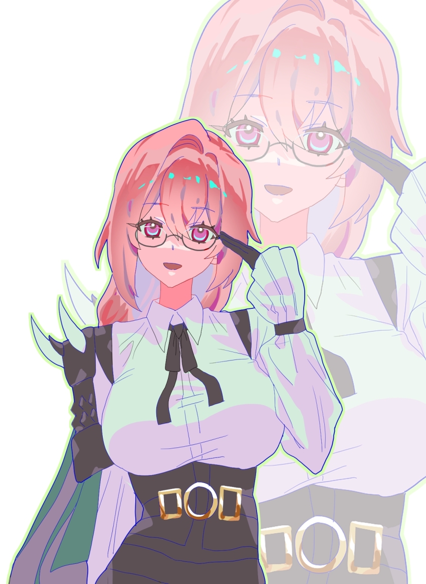 1girl armor black_gloves black_skirt breasts dress_shirt gloves hair_between_eyes high-waist_skirt highres jihwado large_breasts long_hair open_mouth pencil_skirt pink_eyes pink_hair shirt shoulder_armor sidelocks skirt smile solo tsukishiro_yanagi upper_body white_shirt zenless_zone_zero zoom_layer