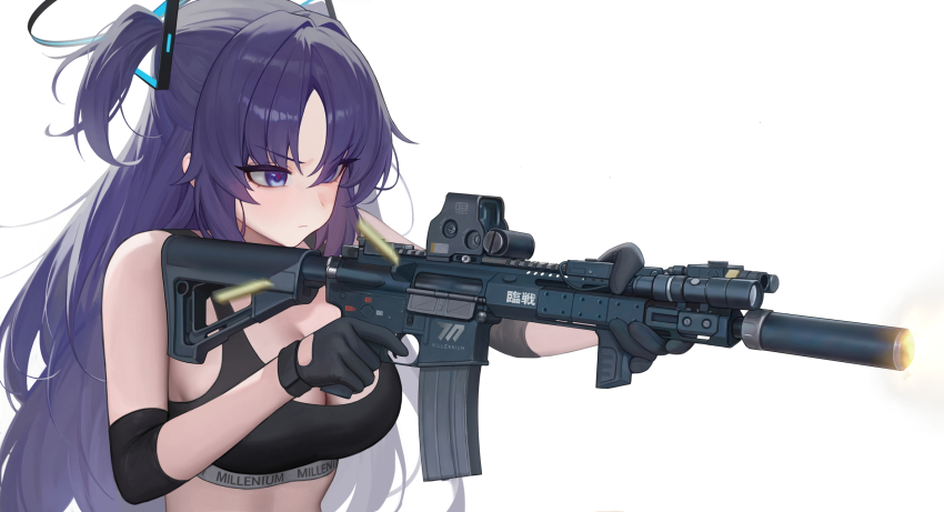 ar-15 assault_rifle battle black_gloves black_sports_bra blue_archive blush breasts cleavage elbow_pads firing gloves gun halo heine_(haloo1101) highres long_hair purple_eyes purple_hair rifle solo sports_bra weapon white_background yuuka_(blue_archive)