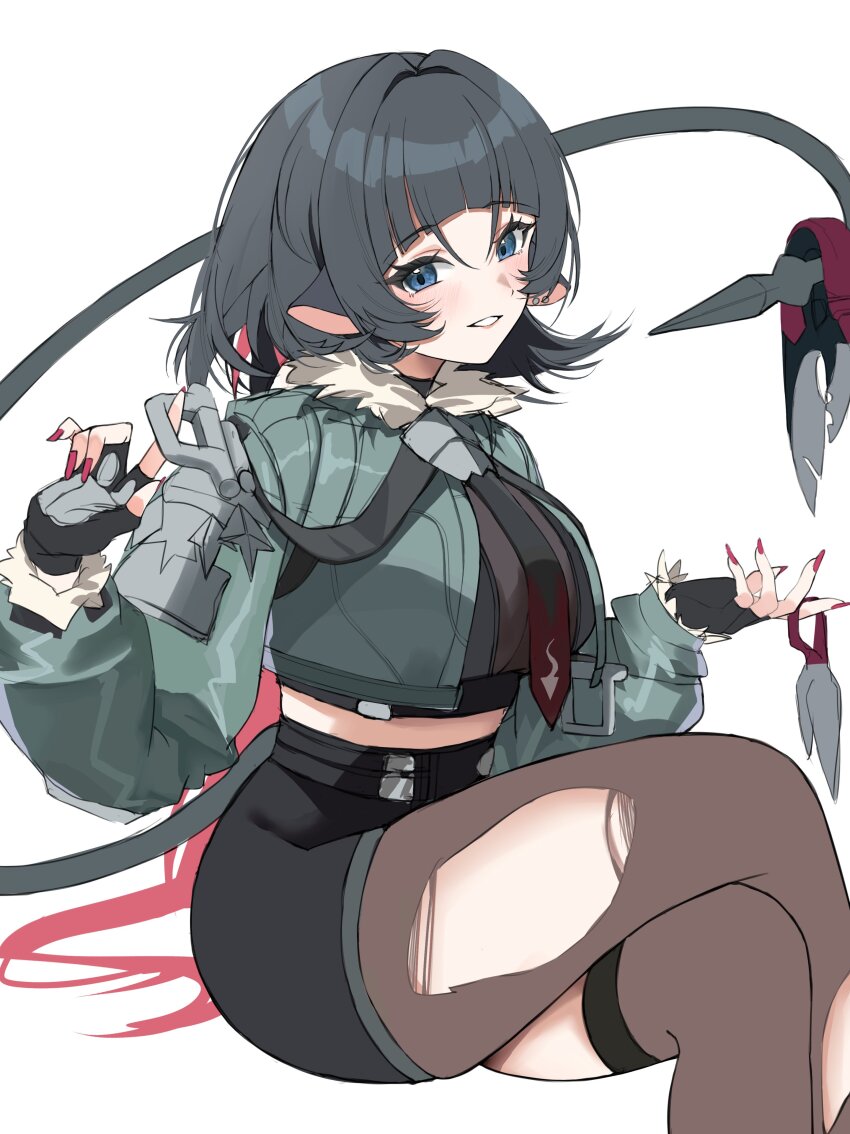 1girl absurdres black_gloves black_pantyhose black_shorts blunt_bangs crossed_legs fingernails fur-trimmed_jacket fur_trim gloves green_eyes green_hair green_jacket highres ikuchi_osutega jacket jane_doe_(zenless_zone_zero) looking_at_viewer multicolored_hair nail_polish nemun_(tamizzz) pantyhose parted_lips red_hair red_nails shorts sidelocks simple_background smile solo tail thighs torn_clothes torn_pantyhose zenless_zone_zero