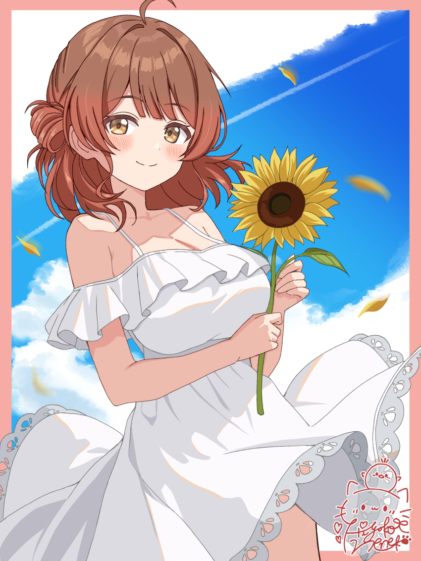 1girl absurdres ahoge bare_shoulders blush breasts brown_eyes brown_hair closed_mouth dress flower gakuen_idolmaster hanami_ume highres hiyoko_neneko holding holding_flower idolmaster large_breasts looking_at_viewer multicolored_hair smile solo sunflower white_dress