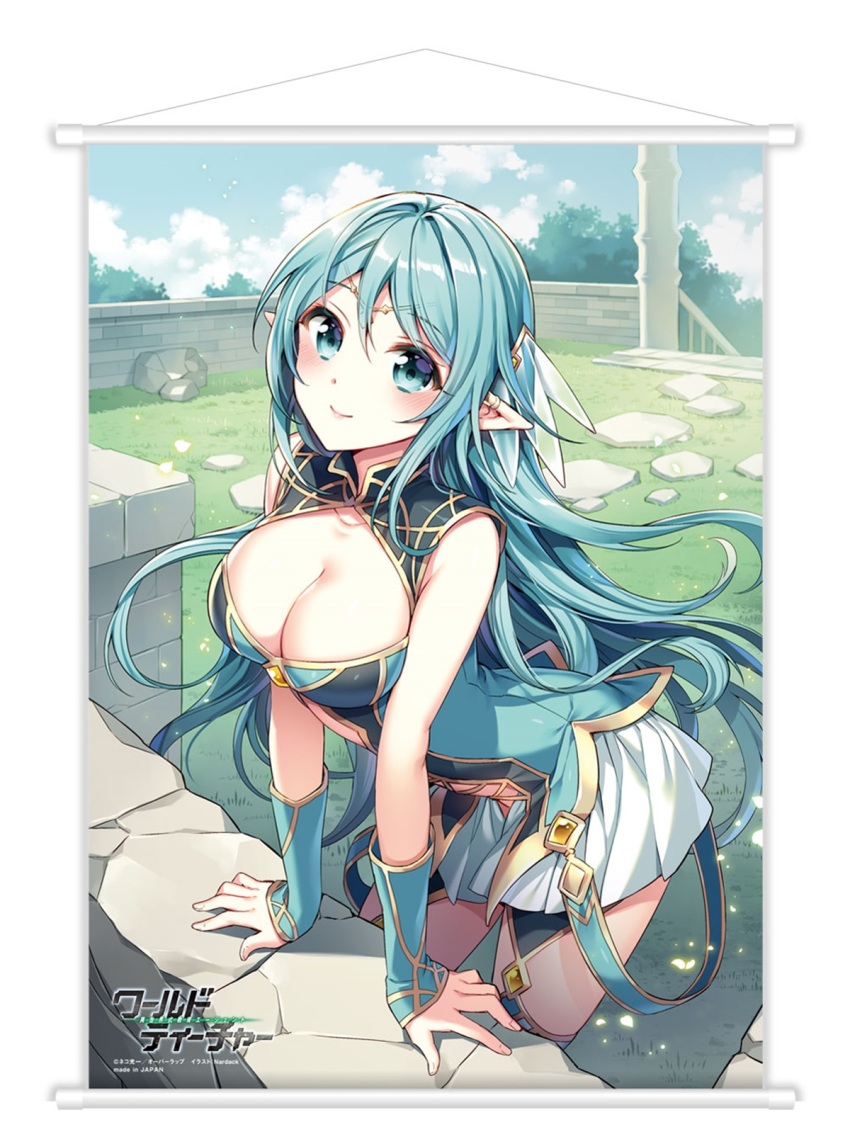 1girl blue_sky blush breasts cleavage cleavage_cutout clothing_cutout cloud copyright_logo dress fia_(world_teacher) from_above gold_trim grass green_hair hand_rest highres large_breasts leaning_forward long_hair nardack official_art pointy_ears second-party_source see-through_hair_ornament sky sleeveless sleeveless_dress smile solo standing stone_wall tapestry thighhighs world_teacher_-isekaishiki_kyouiku_agent- wrist_guards