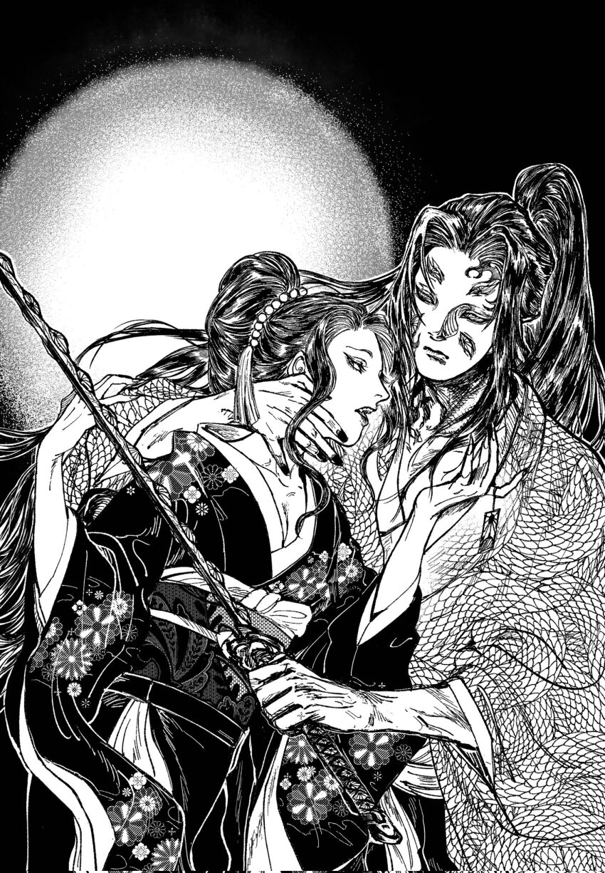 1boy 1girl black_hair demon_boy demon_girl extra_eyes f68_0 highres holding holding_weapon japanese_clothes kibutsuji_muzan kibutsuji_muzan_(female) kimetsu_no_yaiba kokushibou long_hair long_sleeves ponytail very_long_hair weapon