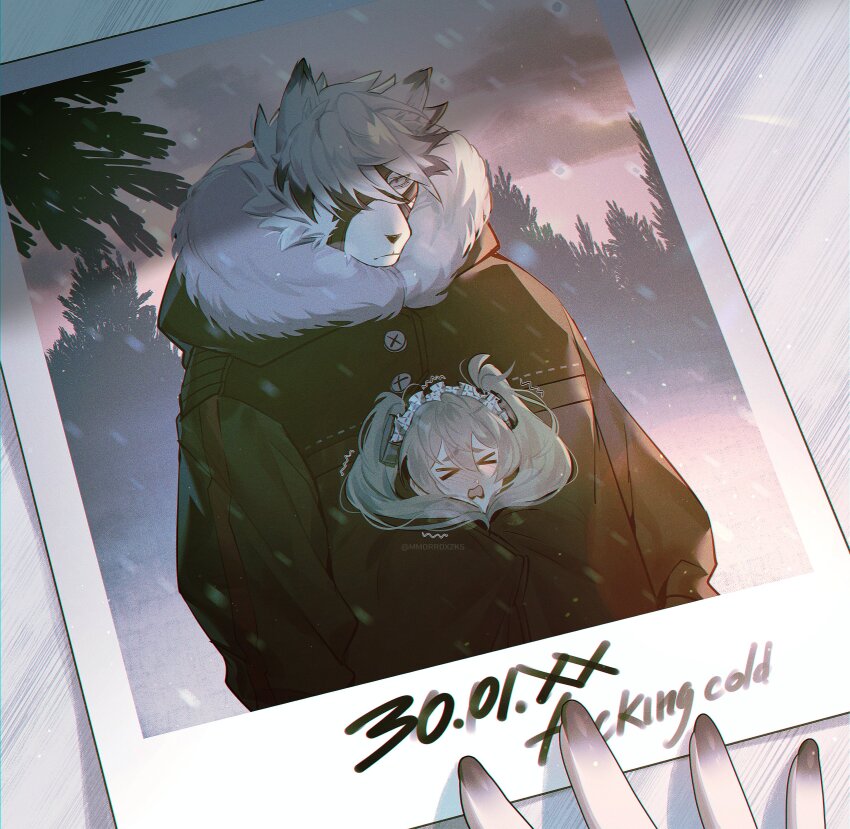 &gt;_&lt; 1boy 1girl absurdres alternate_costume animal_ears black_hair blush closed_eyes closed_mouth coat cold commentary corin_wickes english_commentary english_text furry furry_male green_hair hair_between_eyes hair_ornament hair_over_one_eye highres long_hair long_sleeves mmorroxzks open_mouth outdoors photo_(object) profanity shared_clothes snow snowing twintails von_lycaon white_hair wolf_boy zenless_zone_zero