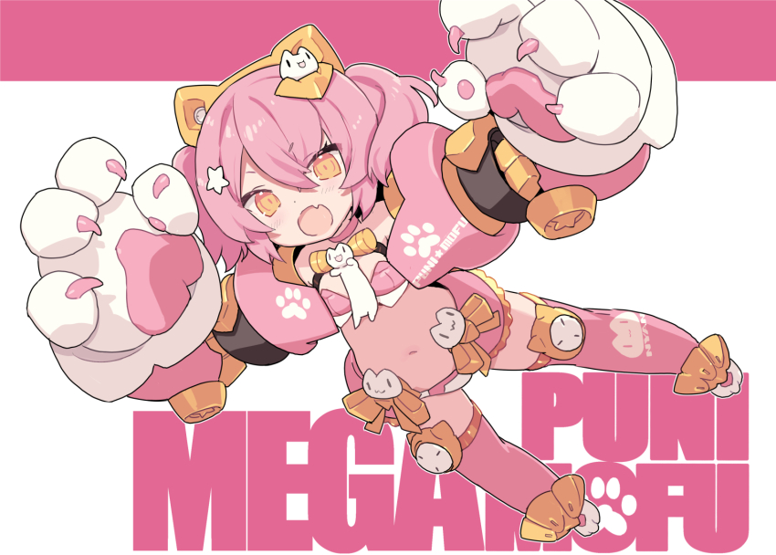 1girl :o animal_ears animal_hands animal_print bikini bikini_skirt blade_(galaxist) cat_ears cat_hair_ornament cat_print choker clothes_writing commentary_request crossed_bangs elbow_gloves fake_animal_ears fang flat_chest frilled_skirt frills full_body gloves hair_between_eyes hair_ornament hands_up highres legs_apart medium_hair megami_device navel open_mouth paw_gloves paw_shoes pink_bikini pink_choker pink_hair pink_thighhighs print_thighhighs puni_mofu_mao shoes skin_fang skirt solo standing star_(symbol) star_hair_ornament stomach swimsuit thighhighs twintails white_gloves white_shoes yellow_eyes