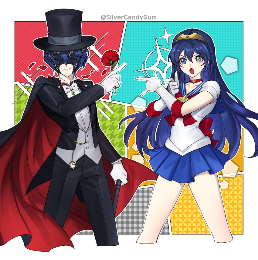 2girls absurdres bishoujo_senshi_sailor_moon cape cosplay cropped_legs dual_persona fire_emblem fire_emblem_awakening flower gloves hat highres long_hair lucina_(fire_emblem) m/ marth_(fire_emblem_awakening) multiple_girls nintendo rose sailor_moon sailor_moon_(cosplay) sailor_senshi_uniform short_hair silvercandy_gum tiara top_hat tuxedo tuxedo_kamen tuxedo_kamen_(cosplay) white_gloves