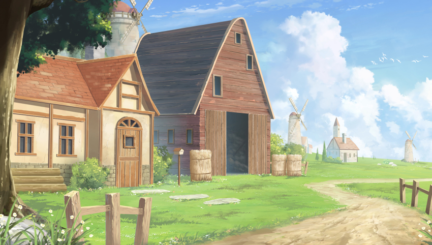 absurdres barn birdhouse blue_sky bush cloud cloudy_sky dirt_road fence grass highres house landscape log nature no_humans original outdoors plant road scenery simple_bird sky town tree windmill window xingyue_ling