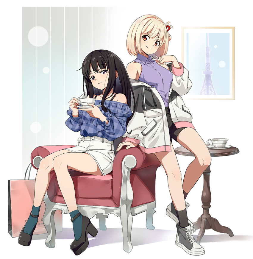 2girls arm_support armchair bag black_hair black_jacket black_shoes black_shorts black_socks blonde_hair blue_shirt bra_strap breasts casual chair closed_mouth collared_shirt commentary cup english_commentary green_socks hair_ribbon high_heels high_tops holding holding_cup holding_saucer inoue_takina jacket long_hair long_sleeves looking_at_viewer lycoris_recoil medium_breasts multicolored_jacket multiple_girls nishikigi_chisato nyoro_(nyoronyoro000) off-shoulder_shirt off_shoulder on_chair photo_(object) picture_frame plaid_clothes plaid_shirt purple_eyes purple_shirt red_eyes red_ribbon ribbon saucer shirt shoes short_hair shorts sitting skirt sleeveless sleeveless_shirt smile sneakers socks strappy_heels table teacup white_jacket white_skirt
