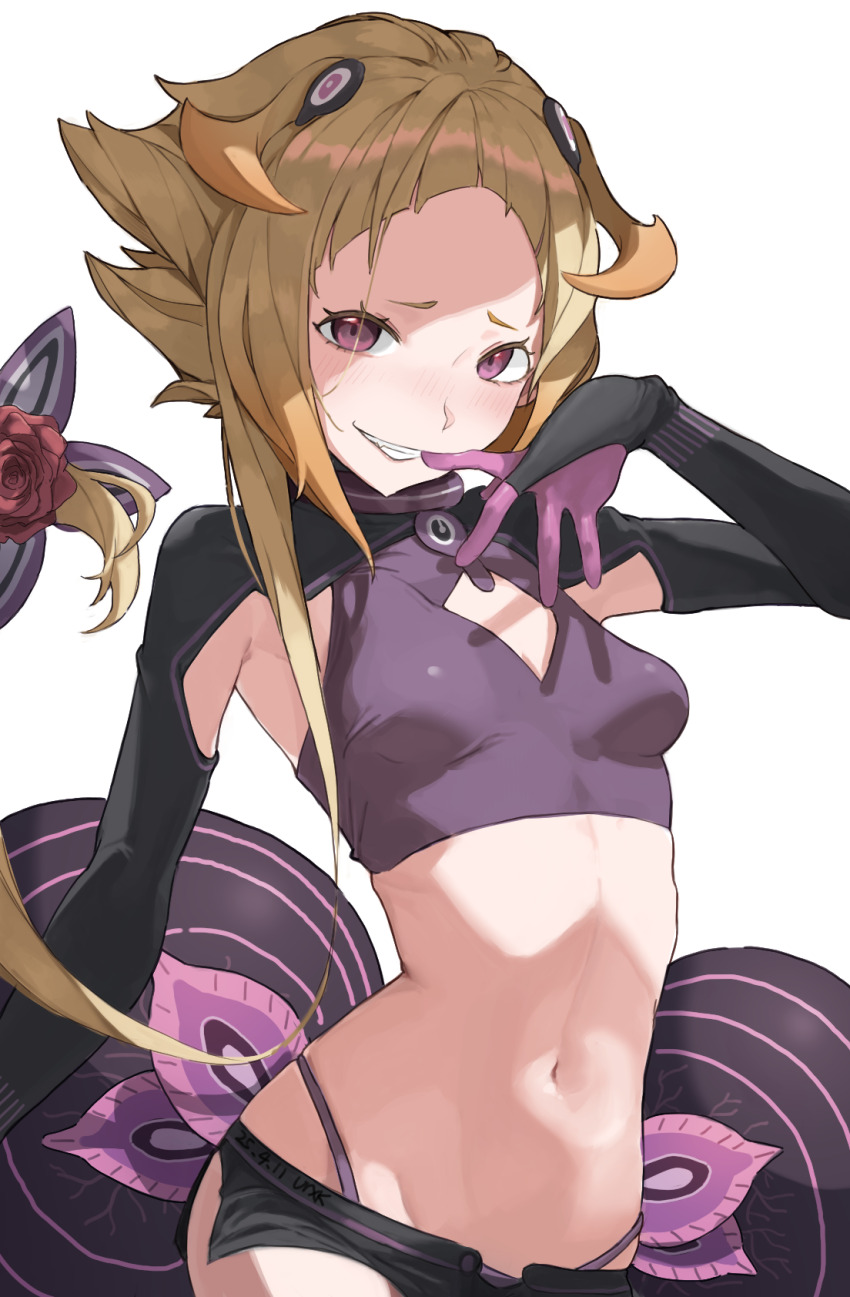 1girl black_shorts black_shrug black_sleeves blonde_hair breasts bridal_gauntlets capella_emerada_lugnica cleavage_cutout clothing_cutout crop_top flower gloves grin highleg highleg_panties highres micro_shorts midriff navel panties pink_gloves purple_panties re:zero_kara_hajimeru_isekai_seikatsu red_eyes red_flower red_rose rose short_hair_with_long_locks shorts shrug_(clothing) side_slit sidelocks simple_background skin_tight skindentation small_breasts smile solo stomach underwear urhika white_background
