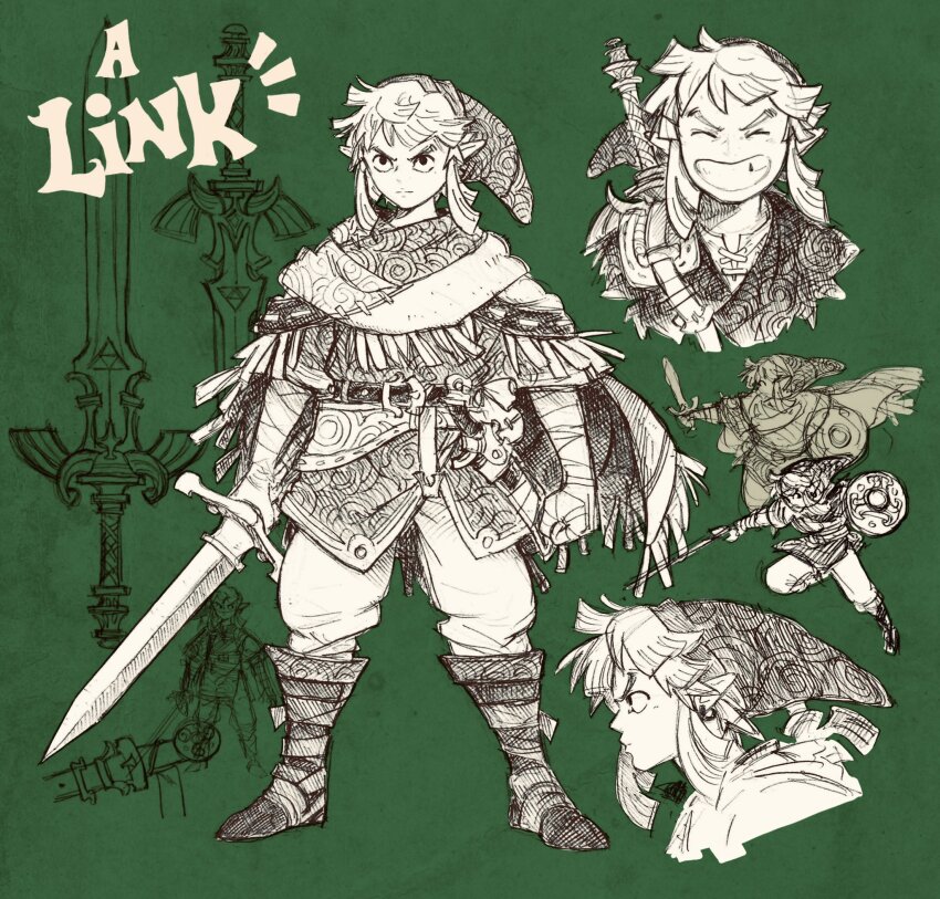 1boy aten_man belt boots character_name green_background grin hat highres link master_sword multiple_views nintendo pointy_ears poncho scarf shield smile sword sword_hilt the_legend_of_zelda weapon
