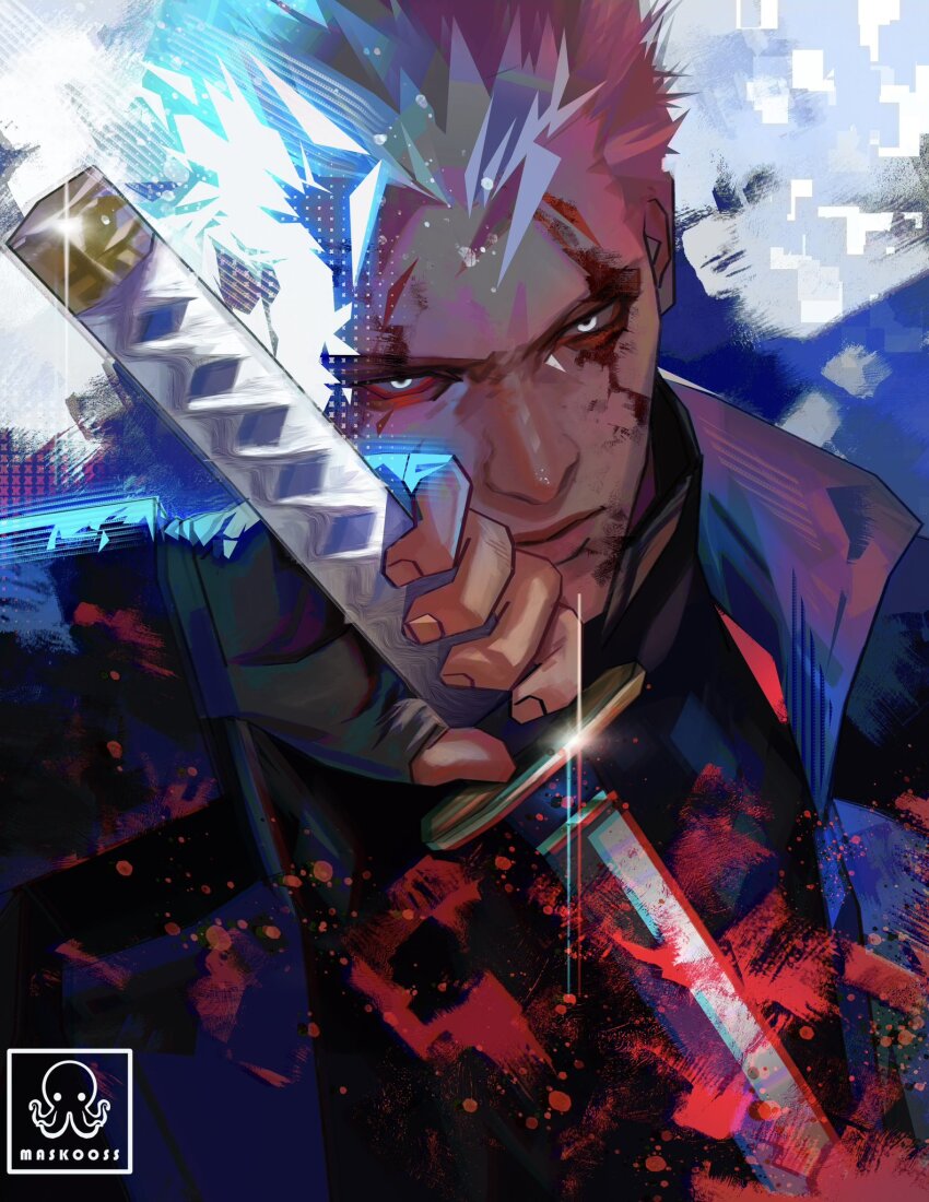 1boy black_gloves black_shirt blood blood_on_face blue_coat blue_eyes closed_mouth coat collared_shirt commentary devil_may_cry_(series) devil_may_cry_5 english_commentary fingerless_gloves gloves glowing glowing_eyes hair_slicked_back highres holding holding_sword holding_weapon katana layered_sleeves long_sleeves looking_ahead male_focus maskoo185826 open_clothes open_coat popped_collar shirt short_hair solo sparkle sword upper_body vergil_(devil_may_cry) weapon white_hair yamato_(sword)