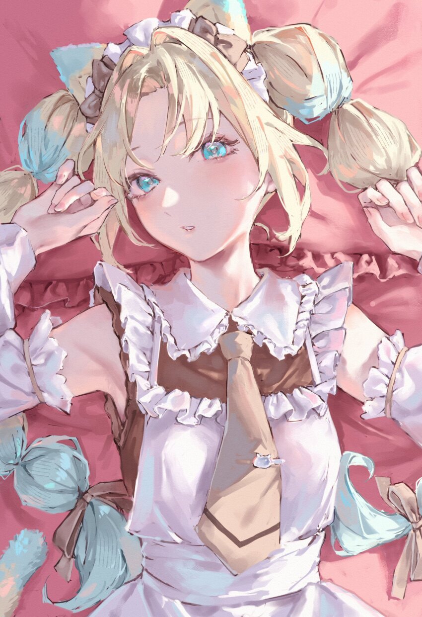 1girl animal_ears apron bare_shoulders blonde_hair blue_hair bow brown_bow brown_dress brown_necktie brown_ribbon cat_ears collared_dress commentary_request contrast_collar curtained_hair dress frilled_apron frills from_above gradient_hair hair_bow hair_intakes hair_ribbon highres link!_like!_love_live! looking_at_viewer love_live! lying maid maid_apron maid_headdress multi-tied_hair multicolored_hair necktie nyan_nyan_nyan_fair_in_gamers on_back osawa_rurino parted_bangs ribbon saidamoosu short_dress solo tie_clip twintails upper_body virtual_youtuber white_apron