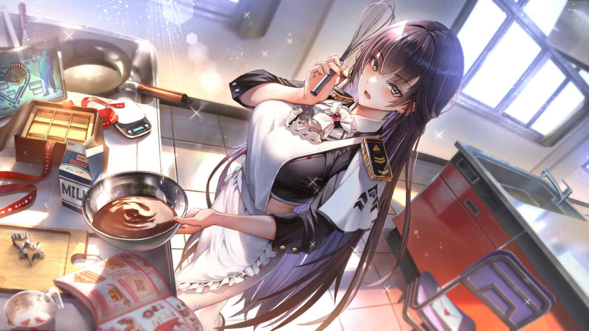 1girl apron ascot black_jacket blush bowl box breasts brown_eyes brown_hair chair chocolate chocolate_making chocolate_mold commentary_request cookbook crop_top cropped_jacket earrings epaulettes frying_pan goddess_of_victory:_nikke hair_between_eyes hand_up holding holding_bowl holding_whisk indoors jacket jewelry kitchen_scale large_breasts lens_flare letter long_hair looking_at_viewer love_letter lower_teeth_only marciana_(nikke) midriff military_jacket military_uniform milk_carton mixing_bowl name_tag open_mouth pants shadow shoichi_(ekakijin) sidelocks sleeves_rolled_up solo sparkle standing tablet_pc teeth tight_clothes tight_pants valentine weighing_scale whisk white_apron white_ascot white_pants window