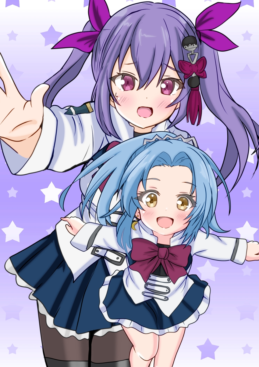 2girls :d absurdres age_regression aged_down assault_lily black_thighhighs blue_hair blue_skirt blush brown_pantyhose child commentary_request crescent crescent_earrings earrings ebisu_nobu frilled_skirt frills gradient_background hair_between_eyes hair_ornament hair_ribbon hand_up hands_up herensuge_girls_academy_school_uniform highres jacket jewelry long_sleeves looking_at_viewer makino_mitake matsumura_fuuka medium_hair miniskirt multiple_girls open_mouth outstretched_arm outstretched_arms pantyhose parted_bangs pink_eyes pink_ribbon purple_background purple_hair raised_eyebrows ribbon school_uniform skirt smile standing standing_on_one_leg star_(symbol) star_symbol_background sweatdrop tassel tassel_hair_ornament thighhighs thighhighs_over_pantyhose white_background white_jacket yellow_eyes