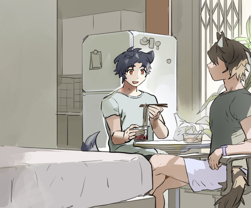 2boys animal_ears arknights bed black_hair brown_hair chopsticks cup_ramen dog_boy dog_ears dog_tail food highres holding holding_chopsticks indoors itsme_takk male_focus multiple_boys on_chair open_mouth profile red_eyes refrigerator shirt short_hair shorts sidelighting sitting t-shirt table tail virtual_youtuber white_shirt windflit_(arknights) window