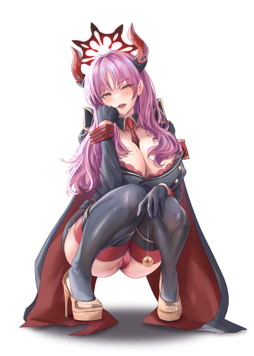 1girl \||/ absurdres ass between_breasts black_gloves black_thighhighs blue_archive bra breasts cameltoe capelet cleavage commentary demon_girl demon_horns dot_nose english_commentary forehead full_body gloves gold_trim halo high_heels highres horns huge_breasts knees_together_feet_apart lace lace-trimmed_bra lace_trim long_hair looking_at_viewer mole mole_on_breast necktie necktie_between_breasts ningzi_(hentai_senpai) open_mouth panties pantyhose parted_bangs platform_footwear platform_heels purple_hair red_bra red_eyes red_necktie red_panties satsuki_(blue_archive) shadow simple_background solo squatting string teeth thighhighs thighs underwear upper_teeth_only white_background yen