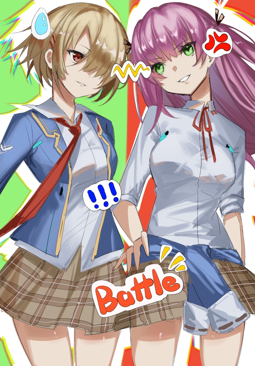 2girls aikawa_megumi blonde_hair blue_jacket breasts clothes_around_waist green_eyes hair_ornament hair_over_one_eye hairclip heaven_burns_red highres jacket kayamori_ruka kr_woyue long_hair multiple_girls necktie one_eye_covered pink_hair red_eyes red_necktie ribbon shirt short_hair two_side_up white_shirt