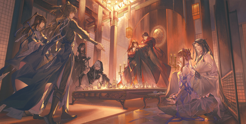 4boys 4girls bai_qi_(love_and_producer) black_hair brown_hair candle cape chinese_clothes dress hair_ornament highres indoors li_zeyan long_hair long_sleeves love_and_producer multiple_boys multiple_girls ponytail protagonist_(love_and_producer) sitting smile standing sword table weapon xu_mo yinzinmiemie zhou_quiluo