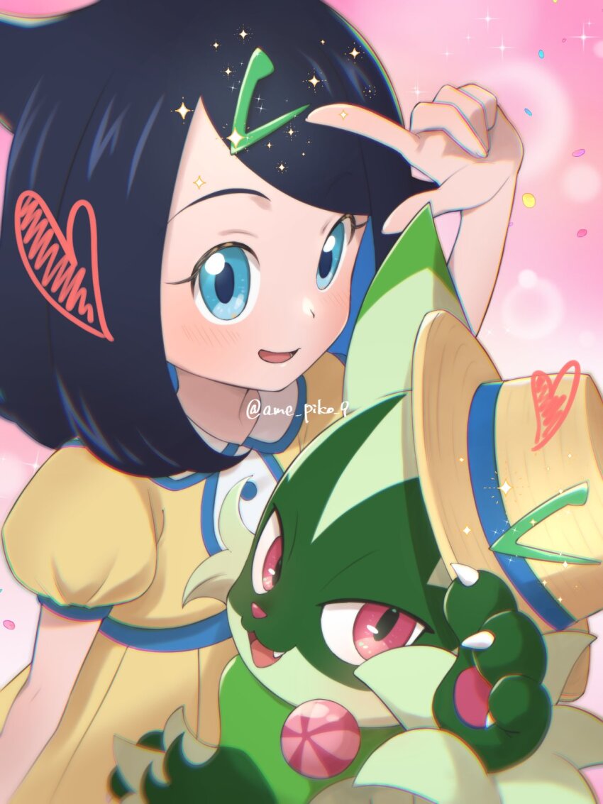 1girl :d amedamaneko black_hair blue_eyes blue_hair colored_inner_hair dress floragato hair_ornament hairclip hat heart highres liko_(pokemon) looking_at_viewer multicolored_hair nintendo official_alternate_costume open_mouth pokemon pokemon_(anime) pokemon_(creature) pokemon_horizons puffy_short_sleeves puffy_sleeves short_hair short_sleeves smile twitter_username two-tone_hair yellow_dress