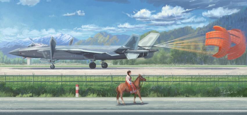 1girl aircraft airplane blue_sky chengdu_j-20 cloud fence fighter_jet grass highres horseback_riding landing landing_gear military_vehicle mountainous_horizon original parachute people&#039;s_liberation_army people&#039;s_liberation_army_air_force riding runway scenery shouhui_lang_qun signature sky tree vehicle_focus