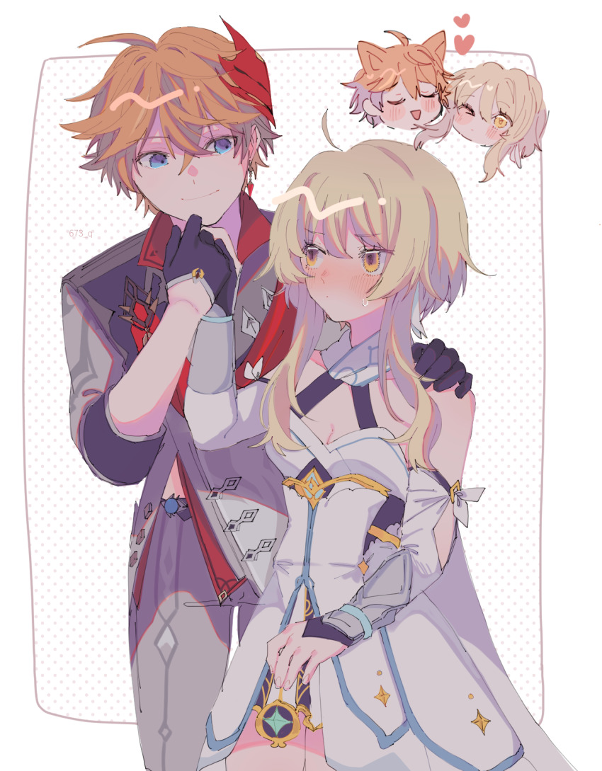 1boy 1girl 673_q ahoge bare_shoulders blonde_hair blue_eyes blush coat dress earrings feather_hair_ornament feathers gauntlets genshin_impact gloves hair_between_eyes hair_ornament hand_on_another&#039;s_shoulder heart highres jewelry lumine_(genshin_impact) mask mask_on_head orange_hair short_hair simple_background single_earring tartaglia_(genshin_impact) white_background white_coat white_dress white_paint