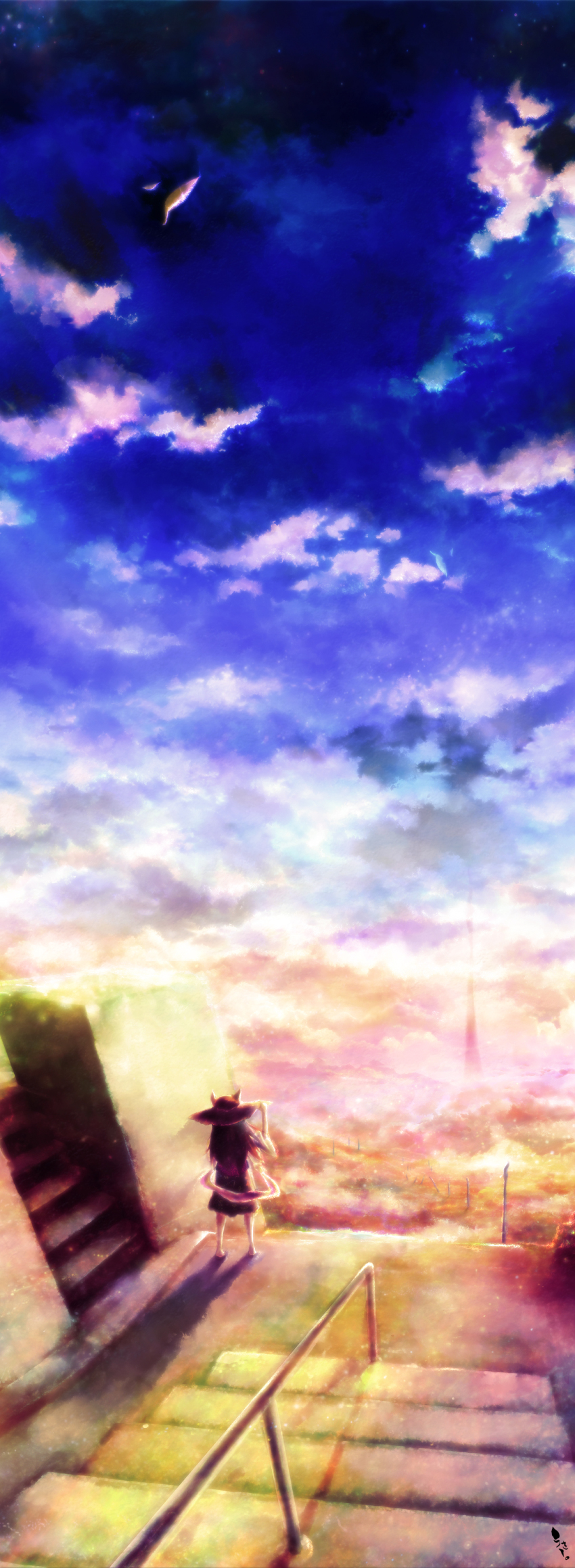 1girl absurdres bad_id bad_pixiv_id barefoot cloud female_focus from_behind hand_on_headwear hat highres horns naga_(staygarden) ryuujin_naga scenery sky solo stairs star_(sky) star_(symbol) starry_sky staygarden ukihashi ukihashi_kei