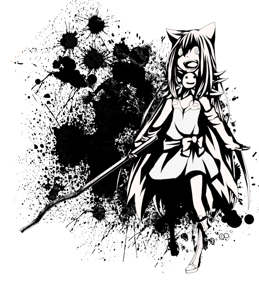 1girl alchemist_(ragnarok_online) animal_ears blood blood_splatter boots bow cape cat_ears cat_girl commentary_request crazy_eyes crazy_smile detached_sleeves dress flat_chest fold-over_boots full_body fur_collar greyscale high_contrast highres holding holding_lead_pipe lead_pipe long_hair meiko_(nattu303) monochrome open_mouth ragnarok_online sash simple_background smile solo strapless strapless_dress very_long_hair