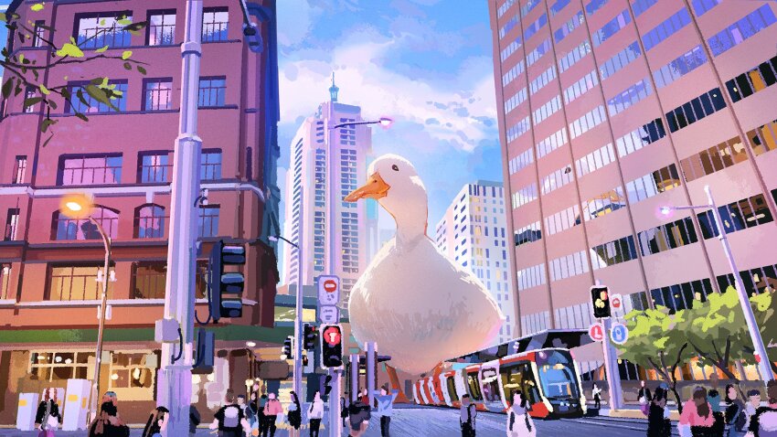 animal bird blue_sky building city cloud crowd duck highres lamppost orenji_(orenjikunart) original outdoors oversized_animal road_sign sign sky skyscraper traffic_light train tree window