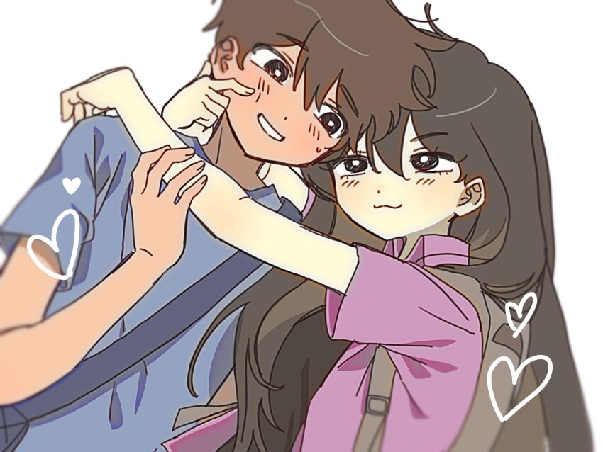 1boy 1girl :3 alternate_costume black_eyes black_hair blue_shirt blush bright_pupils brown_hair closed_mouth collared_shirt dark-skinned_male dark_skin heart hero_(faraway)_(omori) hero_(omori) highres iomor_snuuy long_hair looking_at_another mari_(faraway)_(omori) mari_(omori) omori open_mouth purple_shirt shirt short_hair short_sleeves simple_background smile sweatdrop t-shirt white_background white_pupils
