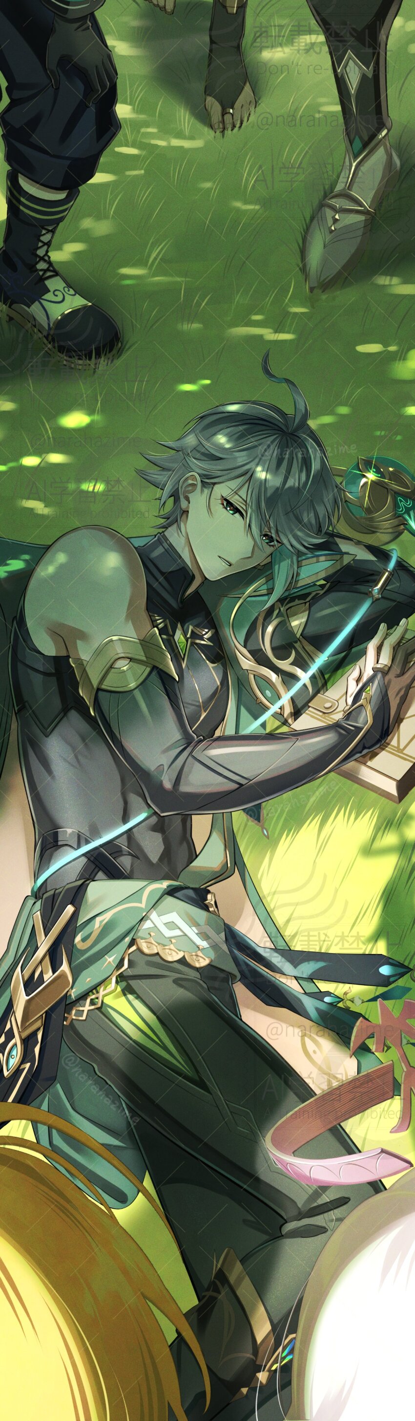 2girls 4boys absurdres alhaitham_(genshin_impact) armlet black_footwear black_gloves black_pants black_shirt cape colored_inner_hair commentary_request compression_shirt cyno_(genshin_impact) elbow_gloves genshin_impact glint gloves grass green_cape green_eyes green_hair grey_hair hair_over_one_eye headphones highres jewelry kaveh_(genshin_impact) light_particles lumine_(genshin_impact) lying male_focus multicolored_hair multiple_boys multiple_girls narahazime on_grass on_side paimon_(genshin_impact) pants shadow shirt short_hair sleeveless sleeveless_shirt solo_focus swept_bangs tighnari_(genshin_impact) toned toned_male unworn_headwear watermark watermark_grid