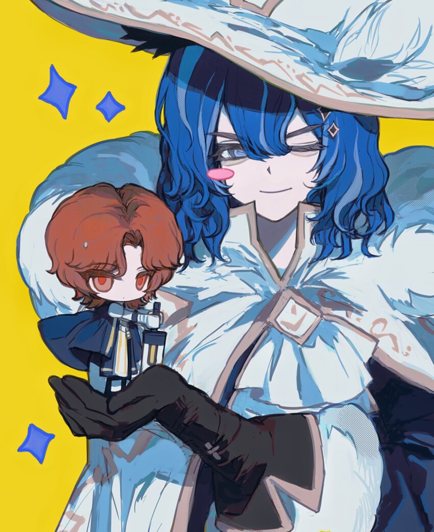 1boy 1girl anzekeye armor armored_dress ascot black_gloves blue_hair blue_jacket blush_stickers brooch brown_eyes brown_hair camille_(project_moon) capelet closed_mouth dress gloves gold_trim greatsword hand_up hat highres jacket jewelry limbus_company looking_at_viewer medium_hair mini_person minigirl multicolored_hair one_eye_closed parted_bangs paula_(project_moon) project_moon simple_background single_blush_sticker smile sparkle streaked_hair sword weapon white_ascot white_capelet white_hat yellow_background zwei_association_west_uniform