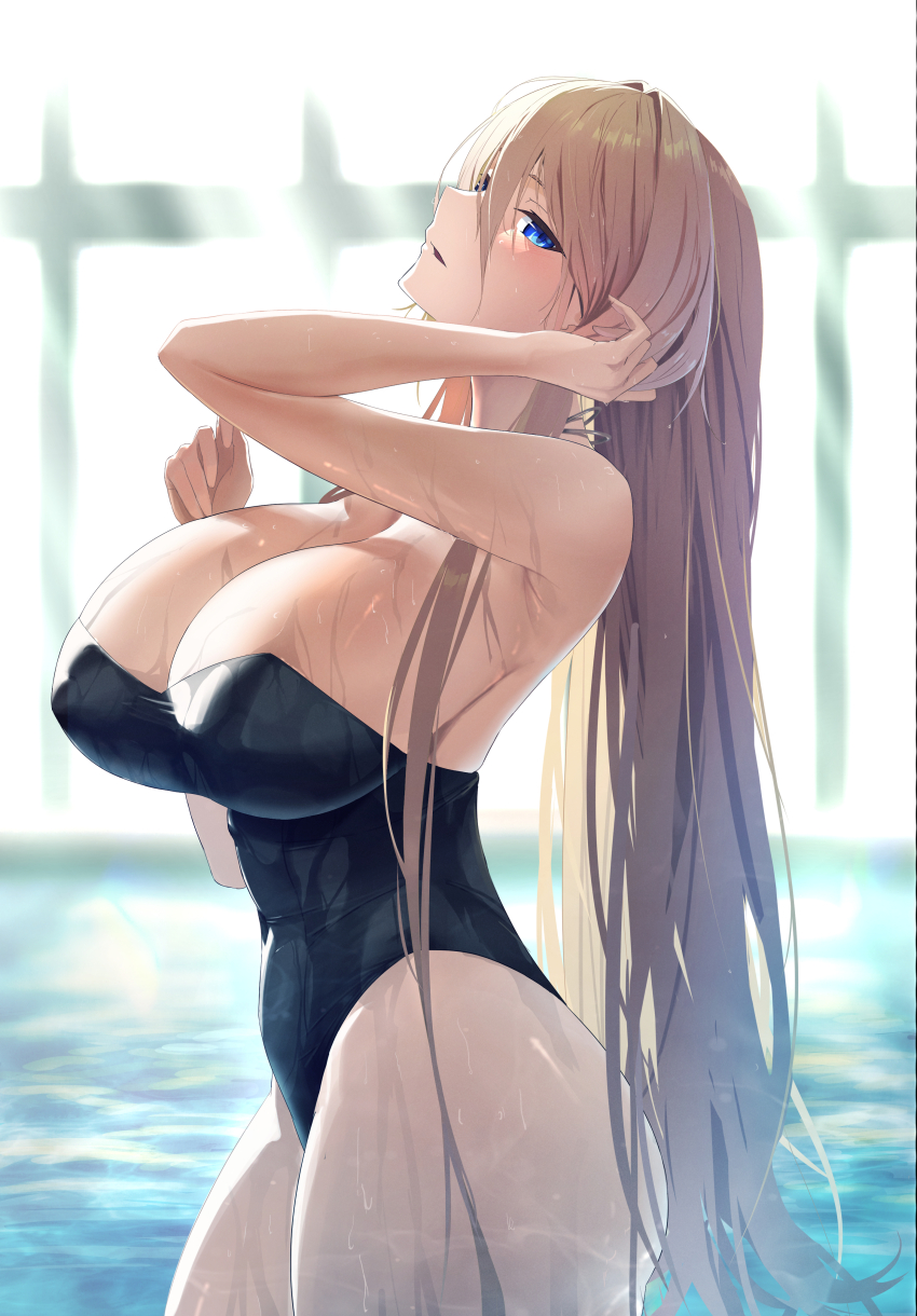 1girl absurdres armpits azur_lane bare_shoulders bismarck_(azur_lane) bismarck_zwei_(azur_lane) bismarck_zwei_(crystal-clear_holiday)_(azur_lane) black_one-piece_swimsuit blonde_hair blue_eyes blurry blurry_background blush breasts cleavage covered_navel from_side hair_between_eyes hand_in_own_hair hand_up head_tilt highleg highleg_one-piece_swimsuit highres huge_breasts indoors jewelry lom_(lom_lom_8) long_hair looking_at_viewer necklace official_alternate_costume one-piece_swimsuit parted_lips pool solo strapless strapless_one-piece_swimsuit swimsuit thick_thighs thighs very_long_hair water wet