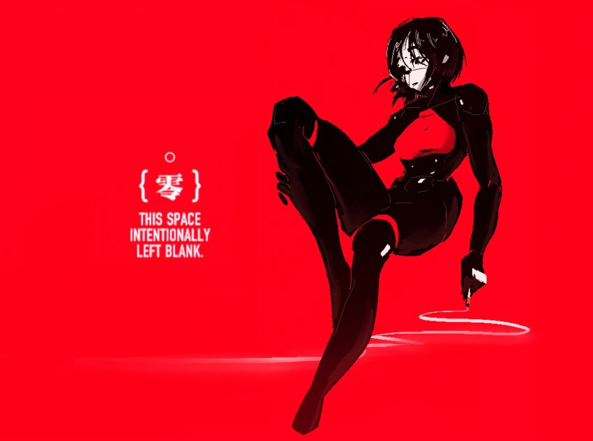 1girl android black_bodysuit black_hair bodysuit cigarette cyberpunk elster_(signalis) highres metal_skin pero38yu pixel_art red_background red_theme robot_girl short_hair signalis simple_background smoke solo