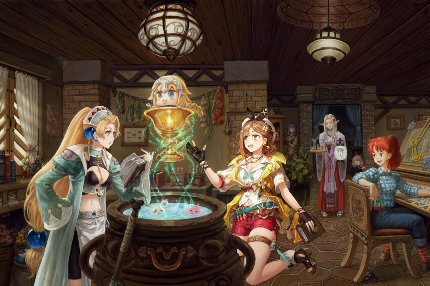 2b_(nier:automata) 6+girls absurdres anya_(spy_x_family) asymmetrical_gloves atelier_(series) atelier_marie atelier_ryza battle_cat beret black_gloves black_shirt blonde_hair blue_coat blue_eyes blue_hair blue_neckerchief blue_shirt book bookshelf breasts brown_capelet brown_gloves brown_hair capelet cauldron ceiling chair chalice character_request chibi chinese_commentary cleavage closed_mouth coat cobblestone cocktail collared_shirt commentary copyright_request crop_top cross cross_earrings crossover cup curtains drawing_board earrings edomae_elf eldali_ilma_fanomenel elvafirst fate/grand_order fate_(series) figure fingerless_gloves fio_piccolo full_body gilgamesh_(fate) gloves hakama hakama_skirt hat herb herb_bundle high_ponytail highres holding holding_book holding_tray indoors italian_commentary italian_flag japanese_clothes jeanne_d&#039;arc_(fate) jewelry kurenai_no_buta lamp large_breasts llenn_(sao) long_hair long_skirt looking_to_the_side low-tied_long_hair mage_(ragnarok_online) marlone medium_breasts medium_hair midriff mixed-language_commentary multiple_crossover multiple_girls navel neckerchief nier:automata nier_(series) nyanko_daisensou open_clothes open_coat open_mouth orange_hair orange_socks painting_(object) parted_bangs pelvic_curtain pink_hair plaid_clothes plaid_shirt plant pointy_ears ponytail poring potion potted_plant purple_hair ragnarok_online red_shorts red_skirt reisalin_stout riyo_(lyomsnpmp)_(style) sandals sen_to_chihiro_no_kamikakushi shirt short_hair shorts sign silk sitting skirt slime_(creature) smile socks spider_web spy_x_family standing susuwatari sword_art_online sword_art_online_alternative:_gun_gale_online tray twintails very_long_hair vial violet_evergarden violet_evergarden_(series) whisper_(ragnarok_online) white_headwear white_shirt white_socks window wooden_ceiling world_of_tanks zouri